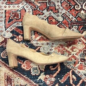 Vaneli Tan Suede Ruffle Heels